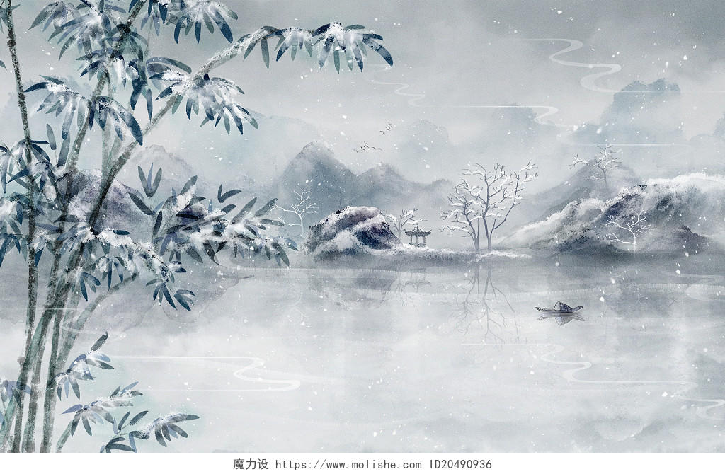 唯美冬天插画竹子植物雪景小寒山水风景中国风水墨水彩手绘背景